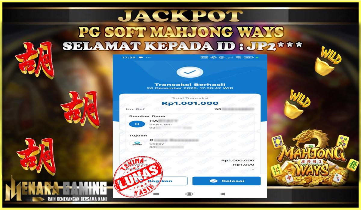 MENARAGAMING JACKPOT PG SOFT MAHJONG WAYS Rp. 1.000.000,- LUNAS