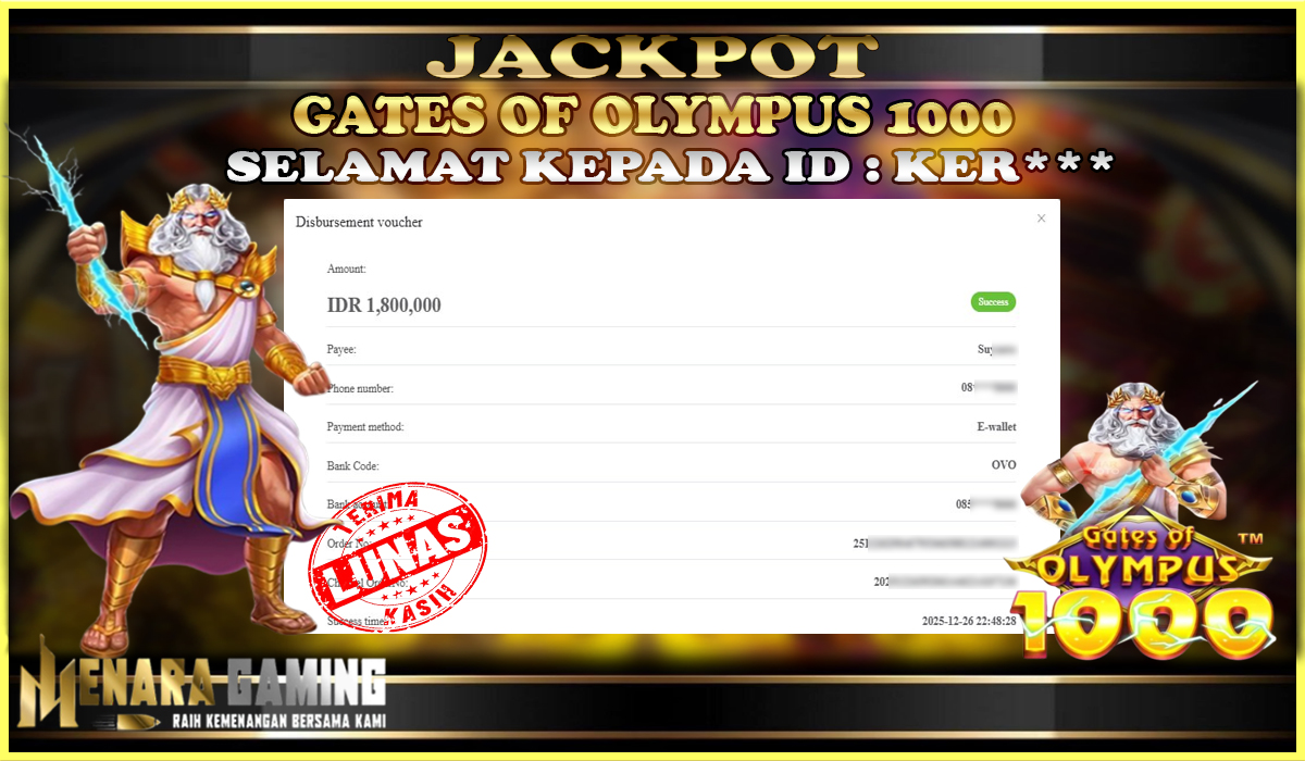 MENARAGAMING JACKPOT PRAGMATIC PLAY GATES OF OLYMPUS 1000 Rp. 1.000.000,- LUNAS