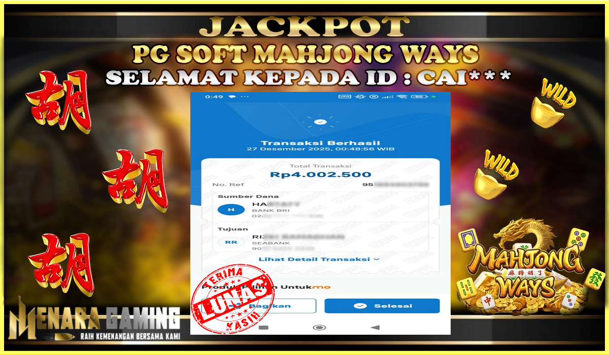 MENARAGAMING JACKPOT PG SOFT MAHJONG WAYS Rp. 4.000.000,- LUNAS