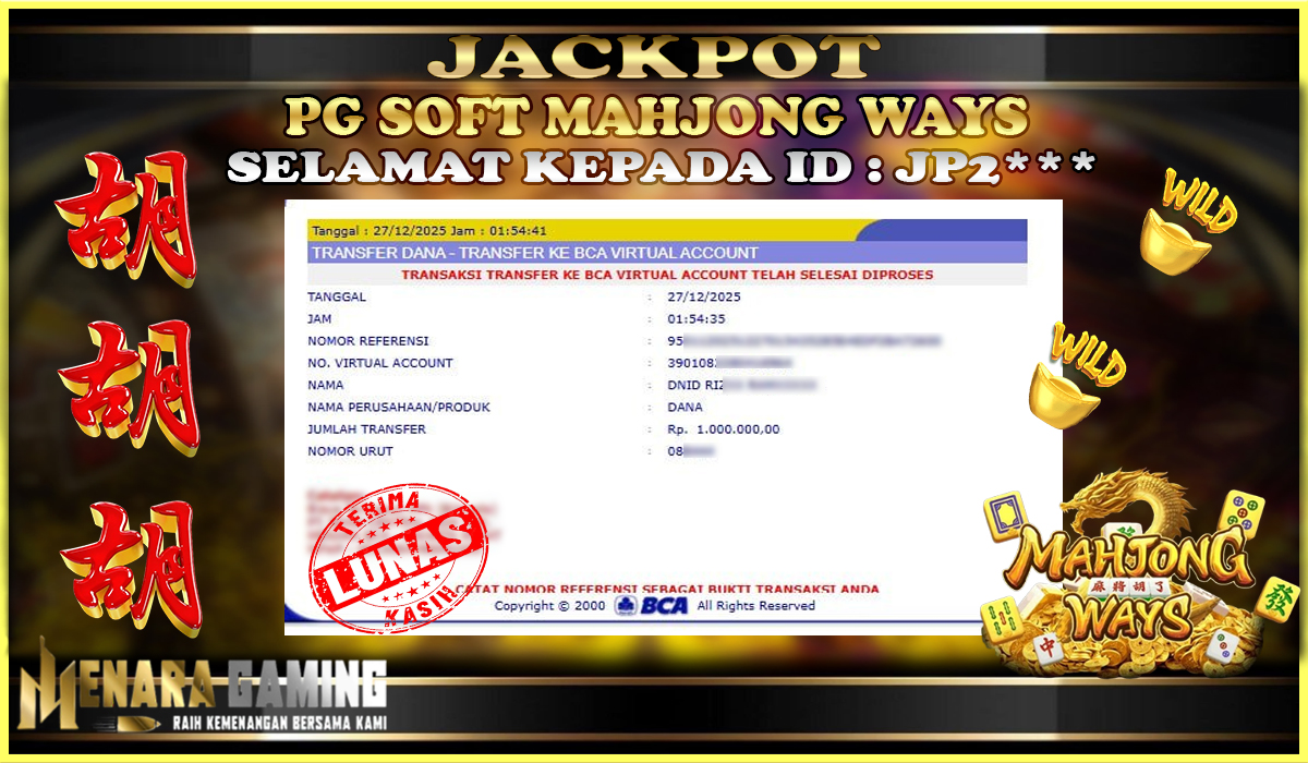 MENARAGAMING JACKPOT PG SOFT MAHJONG WAYS Rp. 1.000.000,- LUNAS