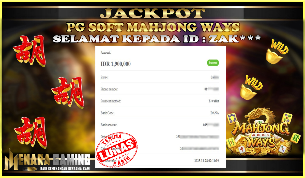 MENARAGAMING JACKPOT PG SOFT MAHJONG WAYS Rp. 1.000.000,- LUNAS