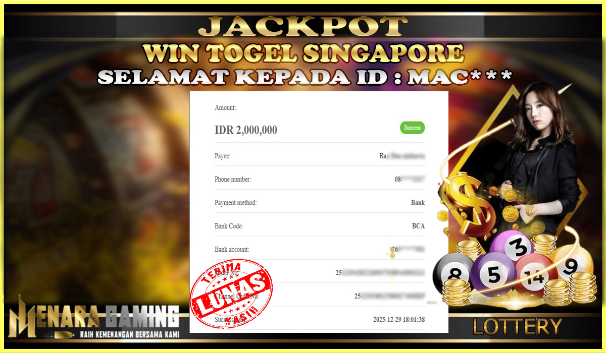 MENARAGAMING JACKPOT TOGEL SINGAPORE  Rp. 2.000.000,- LUNAS