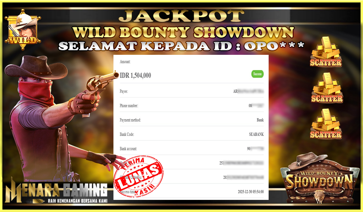 MENARAGAMING JACKPOT PG SOFT WILD BOUNTY SHOWDOWN Rp. 1.000.000,- LUNAS