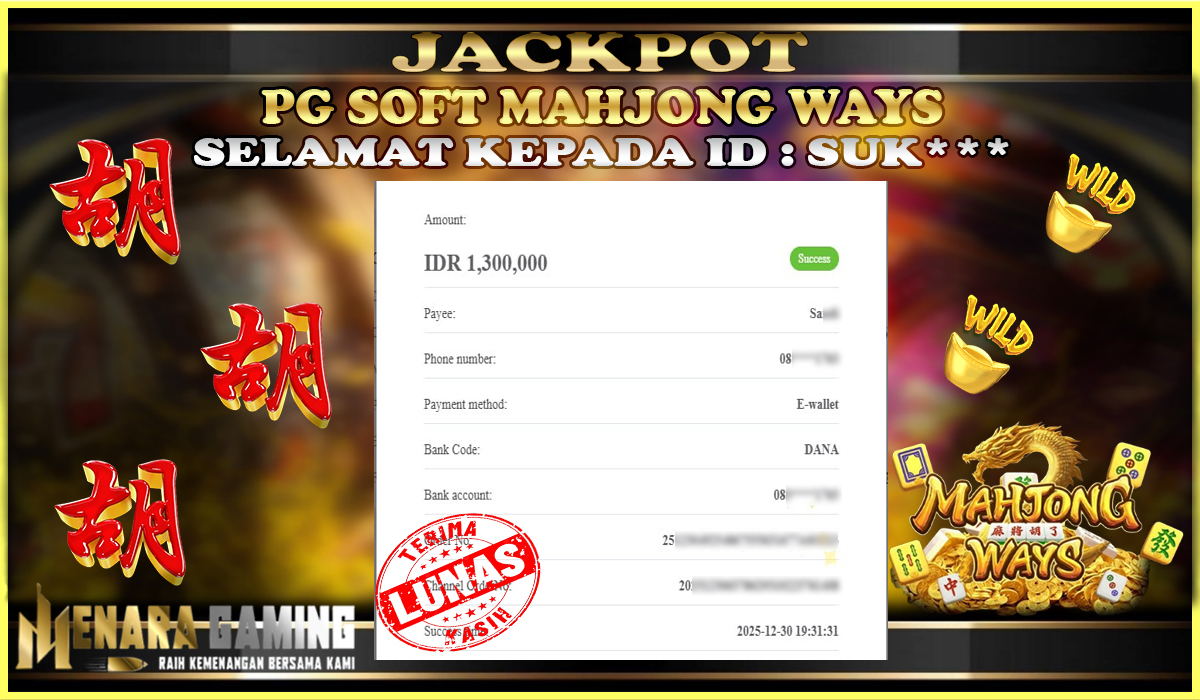 MENARAGAMING JACKPOT PG SOFT MAHJONG WAYS Rp. 1.000.000,- LUNAS