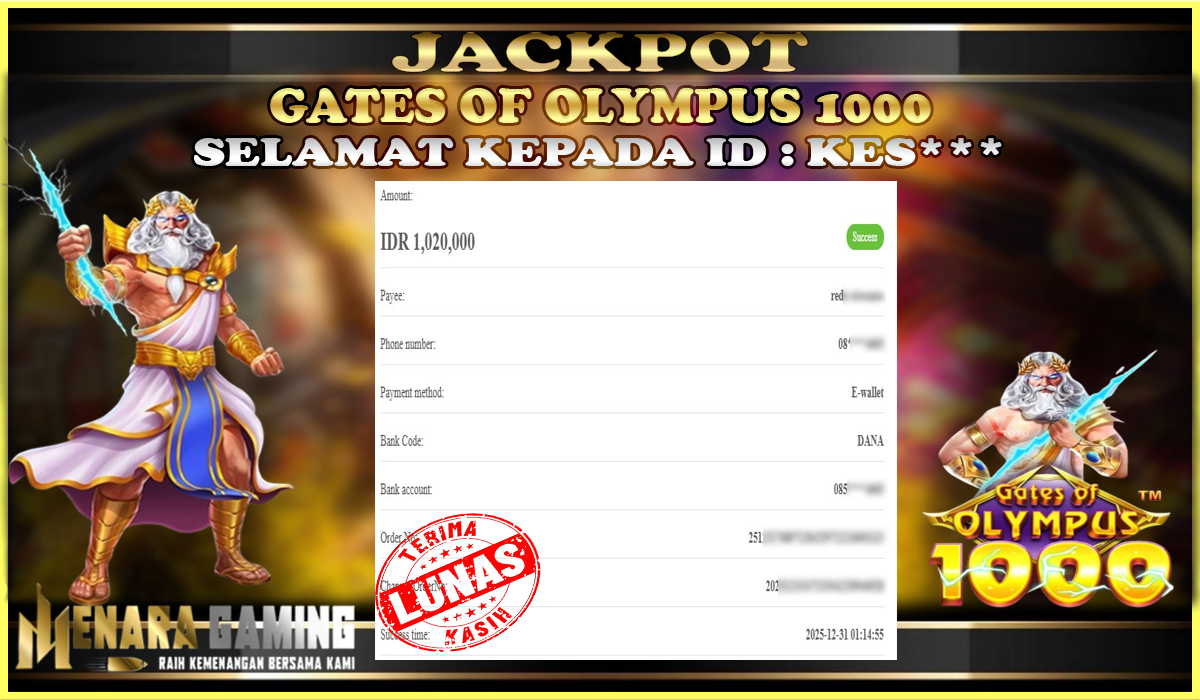 MENARAGAMING JACKPOT PRAGMATIC PLAY GATES OF OLYMPUS 1000 Rp. 1.000.000,- LUNAS