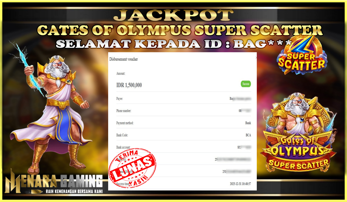 MENARAGAMING JACKPOT PRAGMATIC PLAY GATES OF OLYMPUS SUPER SCATTER Rp. 1.000.000,- LUNAS